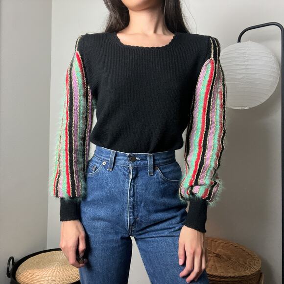 vintage 60s black wool angora striped balloon sleeve knit sweater - Picture 7 of 10